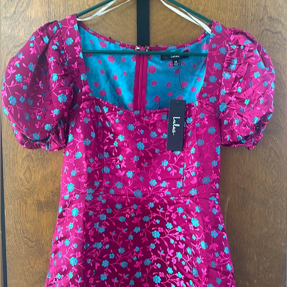 Lulu’s Magenta Floral Brocade Puff Sleeve Mini Dress
